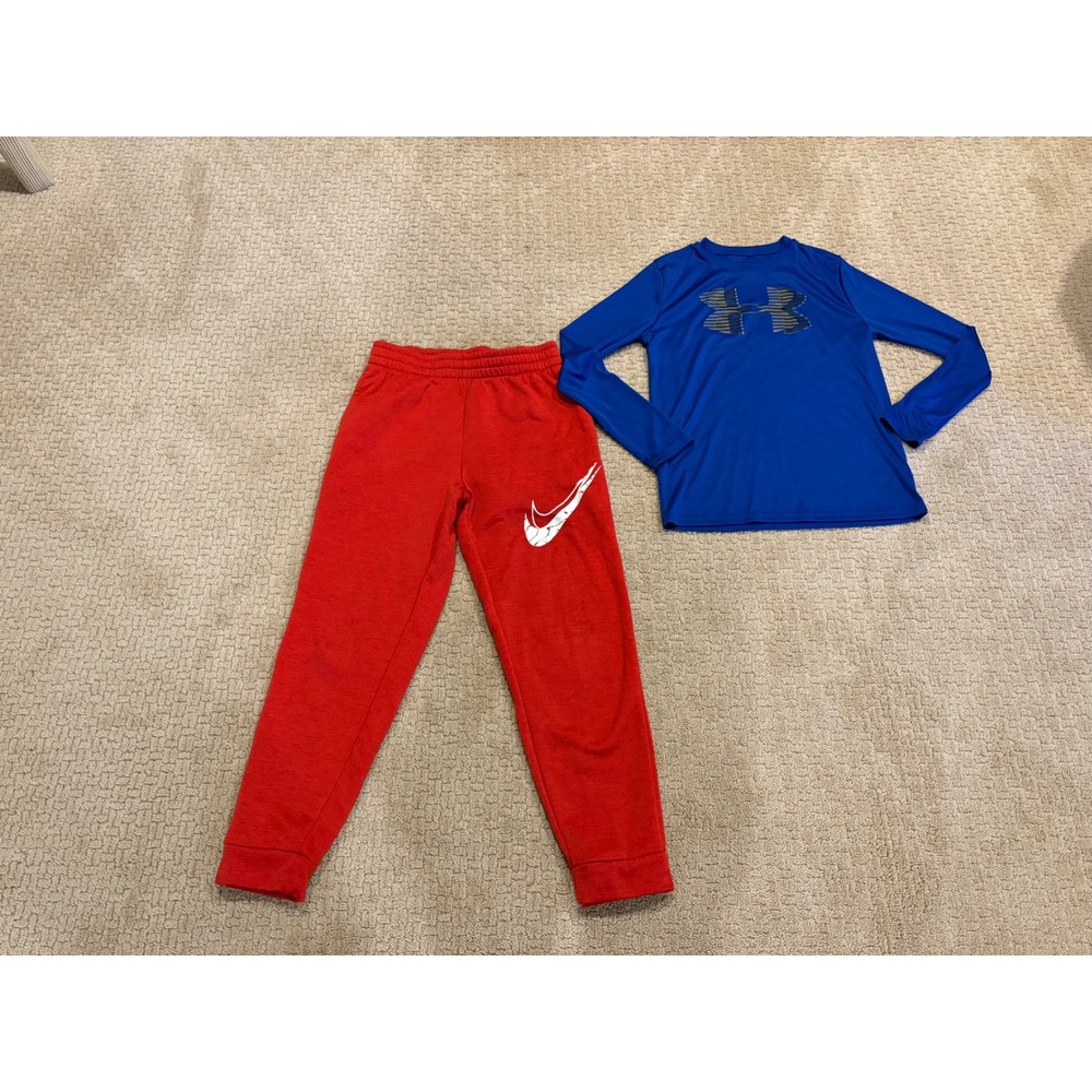 Nike Therma-FIT Red Joggers & Under Armour Blue HeatGear Shirt Boys Large Bundle